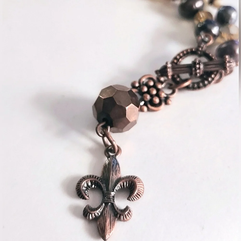 Fleur-de-lis Copper Color Brown & Yellow Gold Bead Necklace Cookie Lee Brand